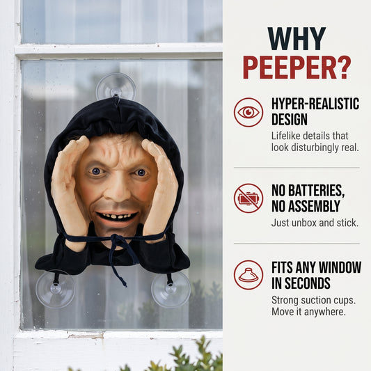 The Peeper held to a window by three suction cups, next to its features: hyper-realistic design, no batteries or assembly, fits any window