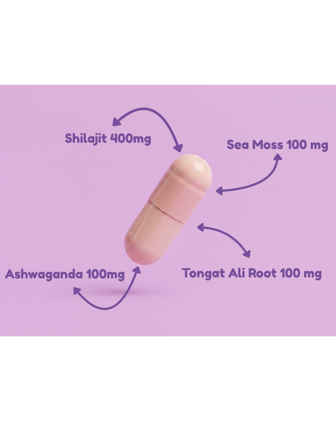 What's inside: Shilajit 400mg, Ashwagandha 100mg, Sea Moss 100mg, Tongkat Ali 100mg