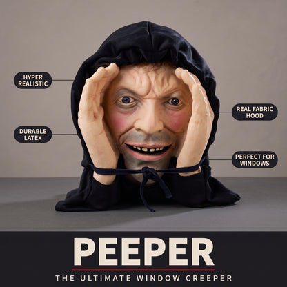 The Peeper: hooded latex face with hands cupped around its eyes, labelled hyper realistic, durable latex, real fabric hood and perfect for windows