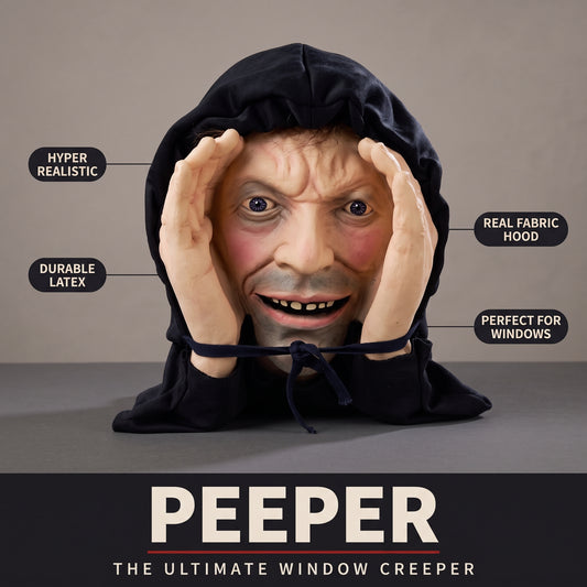The Peeper: hooded latex face with hands cupped around its eyes, labelled hyper realistic, durable latex, real fabric hood and perfect for windows