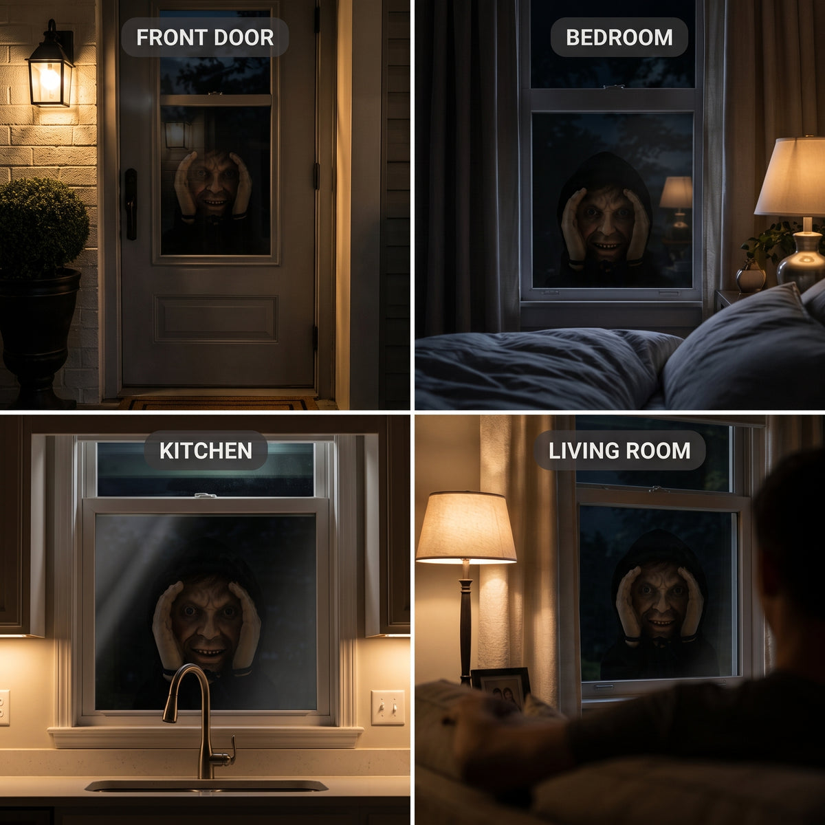 The Peeper staring in through windows at night in four rooms: front door, bedroom, kitchen and living room