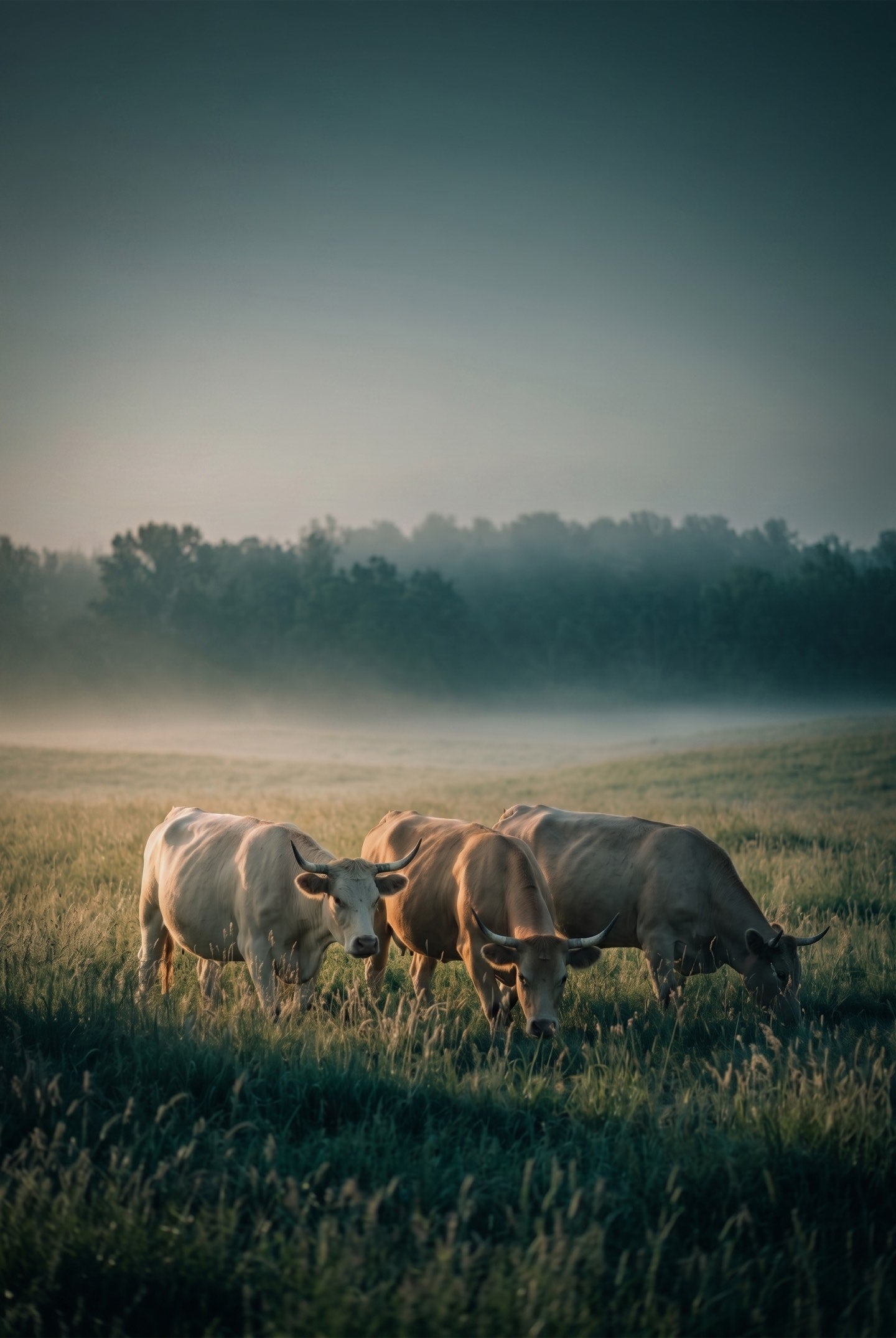 Grass-fed cattle grazing in a misty pasture at sunrise